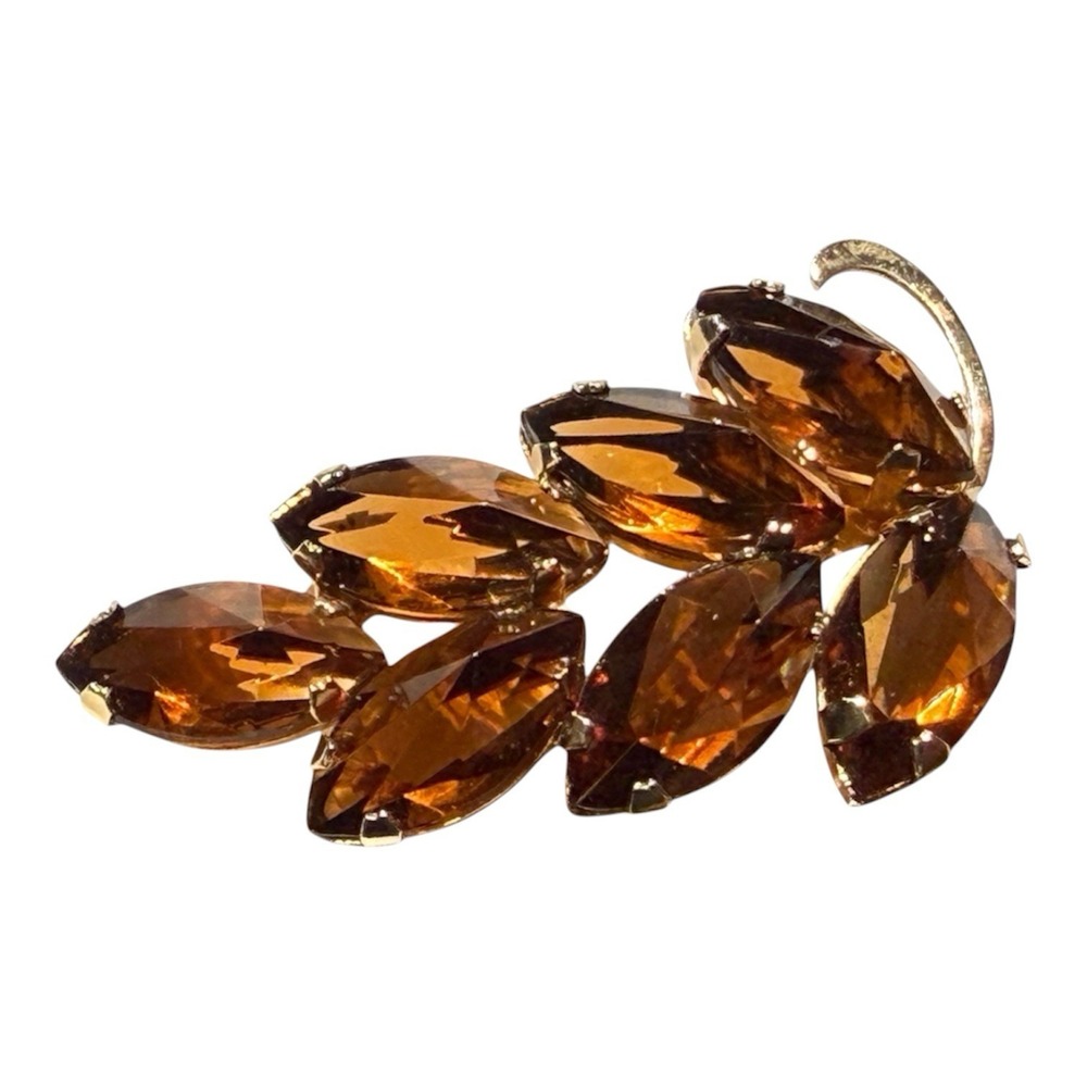 Midcentury Austria Leaf Brooch Large Marquise Amber Rhinestones